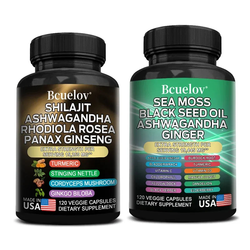 1 Bottle 100% Organic SHILAJIT Capsules+1 Bottle SEA MOSS Capsules, Enhance Strength, Energy, Endurance, Support Immunity