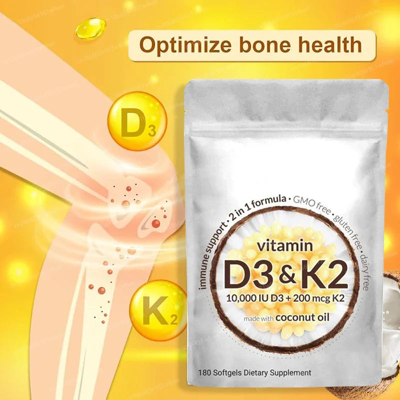 180Pills Vitamin D3 K2 10000 IU, K2 D3 Vitamin Supplement Virgin Coconut Oil Softgels Immune & Bone Health Support