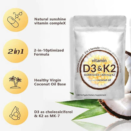 180Pills Vitamin D3 K2 10000 IU, K2 D3 Vitamin Supplement Virgin Coconut Oil Softgels Immune & Bone Health Support