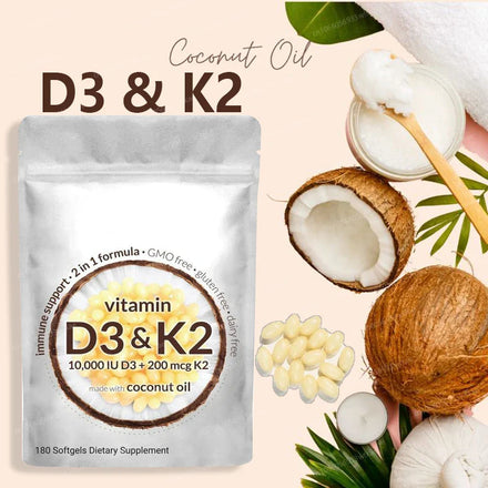 180Pills Vitamin D3 K2 10000 IU, K2 D3 Vitamin Supplement Virgin Coconut Oil Softgels Immune & Bone Health Support
