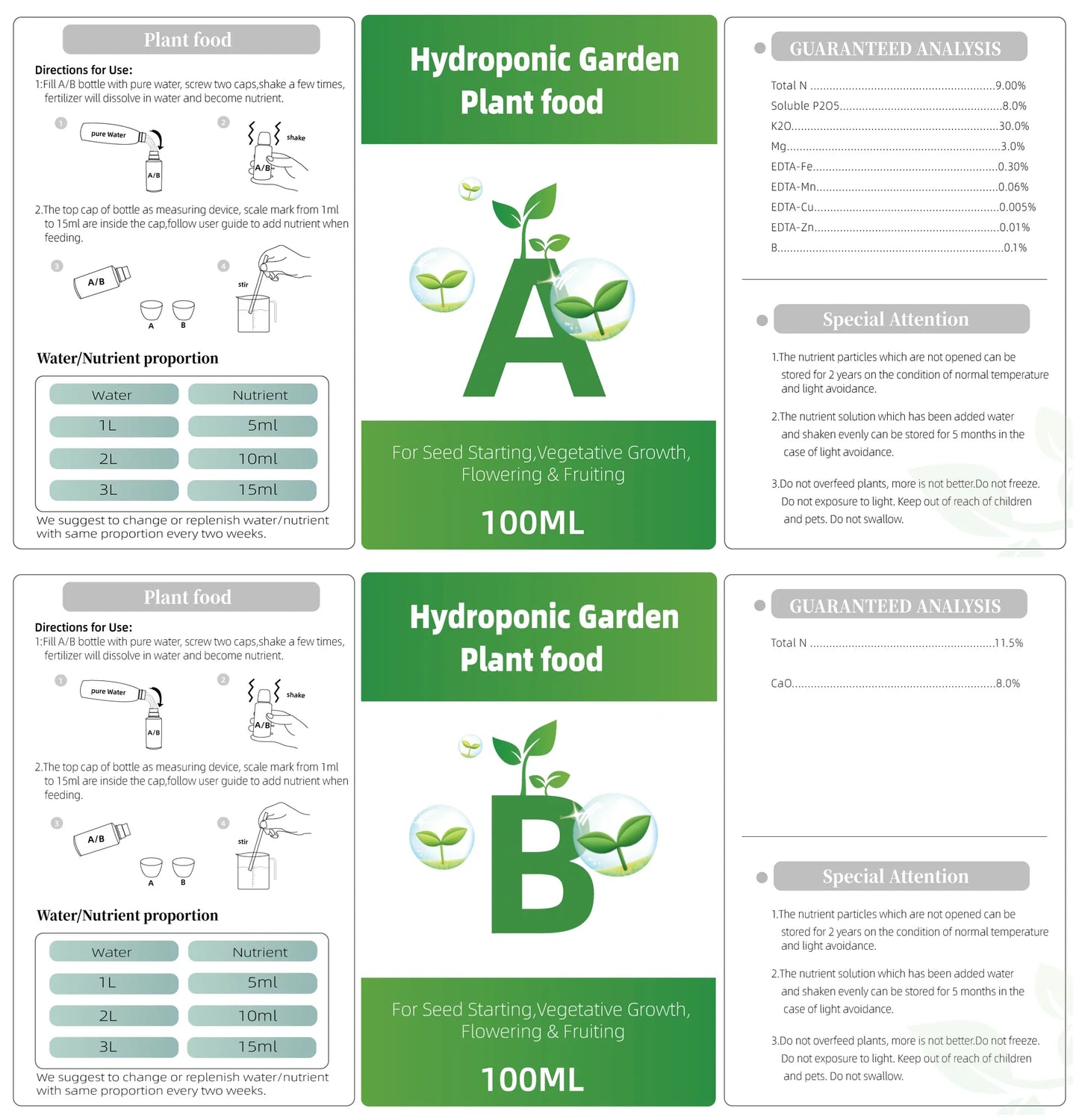 2 Bottle Fertilizer 2 Pair Replacement General Liquid AB Set Fertilizer Hydroponic Garden Plant Vegetable Nutrient Solution Kit