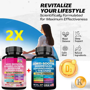 2 Bottles 90 Capsules 16 In 1 Myo Inositol Supplement + 60 Cpasules 13 In 1 Ashwagandha Capsules Relax Muscle Brain Support