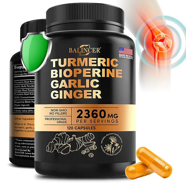 4-in-1 Turmeric Ginger Supplement with Pepperine 2360mg, Garlic Curcumin Black Pepper for Joints, Muscles, Digestion & Immunity in Pakistan 4-in-1 Turmeric Ginger Supplement with Pepperine 2360mg, Garlic Curcumin Black Pepper for Joints, Muscles, Digestion & Immunity in Pakistan