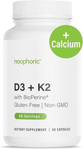 Noophoric Vitamin D3 K2 5000 IU D3 & 100 mcg K2 MK7, Calcium, BioPerine - Bone & Immune Support Supplement - Gluten-Free, Non-GMO in Pakistan