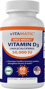 Vitamatic Vitamin D3 50,000 IU (as Cholecalciferol), Once Weekly Dose, 1250 mcg, 60 Veggie Capsules 1 Year Supply, Progressive Formula Helping Vitamin D Deficiencies (60 Count (Pack of 1)) in Pakistan