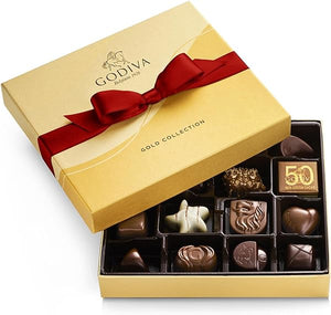 Holiday Gift Box with Red Ribbon – 19 Piece Assorted Milk, White and Dark Chocolate with Gourmet Fillings - Special Gold Ballotin Gift for Chocolate Lovers in Pakistan