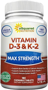 aSquared Nutrition Vitamin D3 with K2 Supplement-180 Chewable Tablets, Max Strength D-3 Cholecalciferol & K-2 MK7 to Support Healthy Bones, Teeth, Heart -Antioxidant D3 & K2 MK-7 Energy Formula Adults in Pakistan