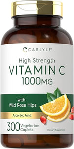 Carlyle Vitamin C 1000mg | 300 Vegetarian Caplets | Ascorbic Acid with Wild Rose HIPS | High Strength Formula | Non-GMO and Gluten Free Supplement in Pakistan