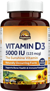 VITALITOWN Vitamin D3 5000 IU (125 mcg), Supports Bone, Immune, Teeth, Muscle & Nerve Health, High Potency Natural Form D3 in Easy-to-Swallow Vegetarian Softgels, Non-GMO No Dairy & Gluten 360ct in Pakistan