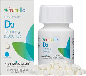 Frunutta Vitamin D3 5000 IU Under The Tongue Instant Dissolve Tablets - 125 mcg x 100 Tablets - for Stronger Bones, Muscles and Immune System - Dietary Supplement- Non-GMO, Gluten Free in Pakistan