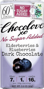 Chocolove XO No Sugar Added Elderberries and Blueberries in Dark Chocolate, 60% Cacao | 12 Pack | Non GMO, Rainforest Alliance Certified Cacao | 3.2oz Bar in Pakistan