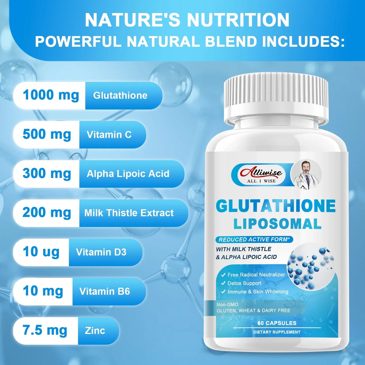 Alliwise Glutathione Capsules Supplement Antioxidant Immunity Dull Skin Whitening Healthy Supplement