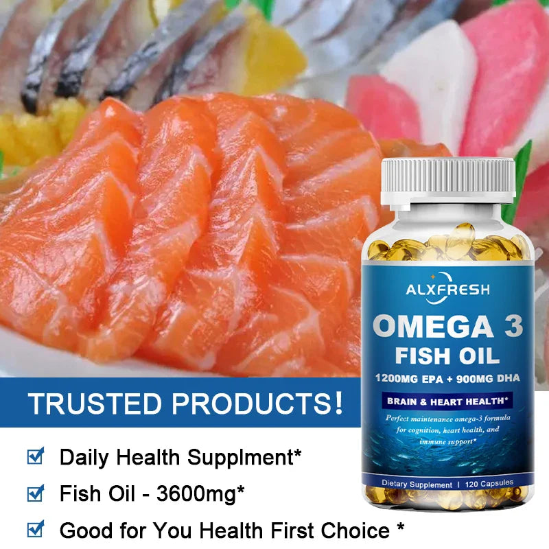 Alxfresh Wild Caught Omega 3 Fish Oil– 120/60 Soft Gels –3600mg High EPA 1300mg DHA 900mg Non-GMO Gluten Free Dietery Supplement