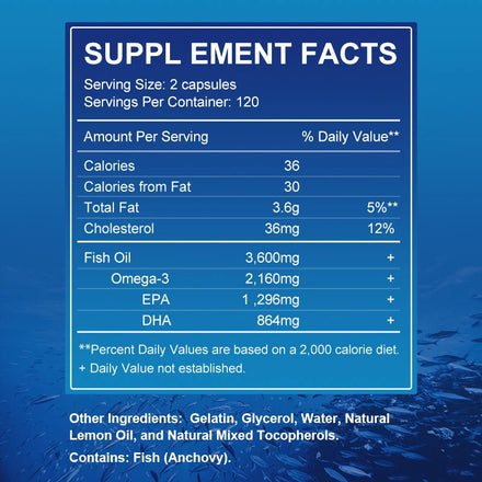 Alxfresh Wild Caught Omega 3 Fish Oil– 120/60 Soft Gels –3600mg High EPA 1300mg DHA 900mg Non-GMO Gluten Free Dietery Supplement