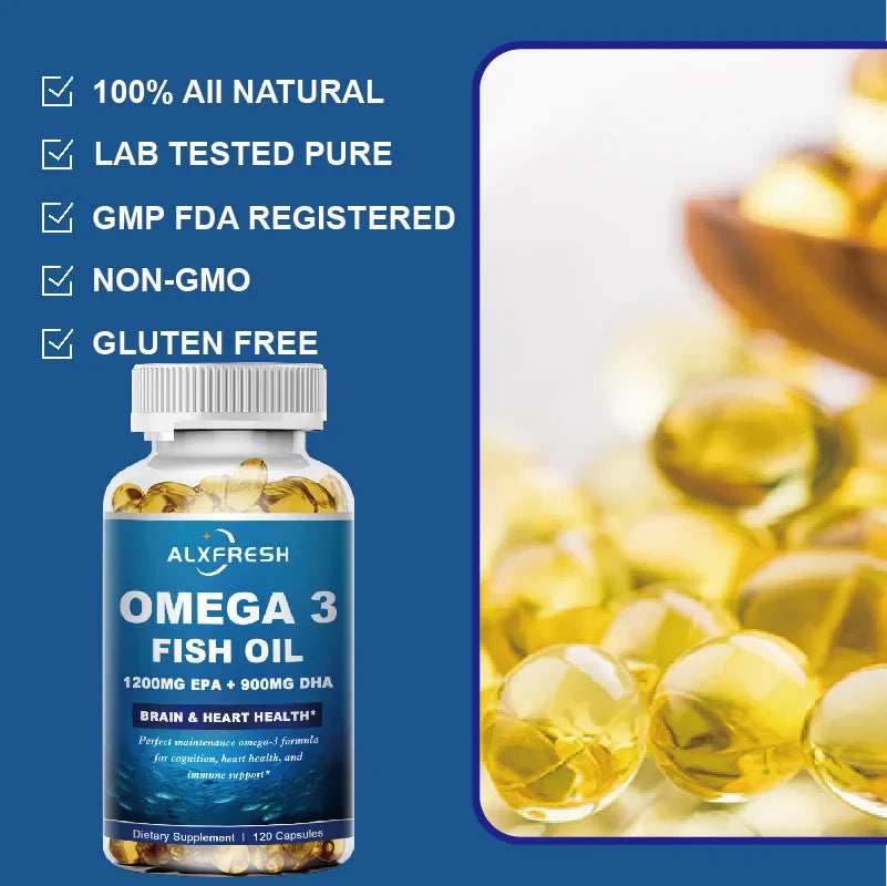 Alxfresh Wild Caught Omega 3 Fish Oil– 120/60 Soft Gels –3600mg High EPA 1300mg DHA 900mg Non-GMO Gluten Free Dietery Supplement