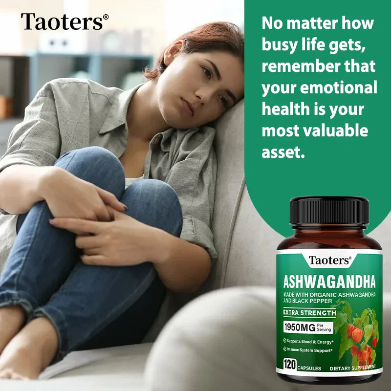 Ashwagandha + Black Pepper Capsules - Helps Improve Energy Reduce Anxiety Stress, Support Brain, Immune Health, Mood Supplements