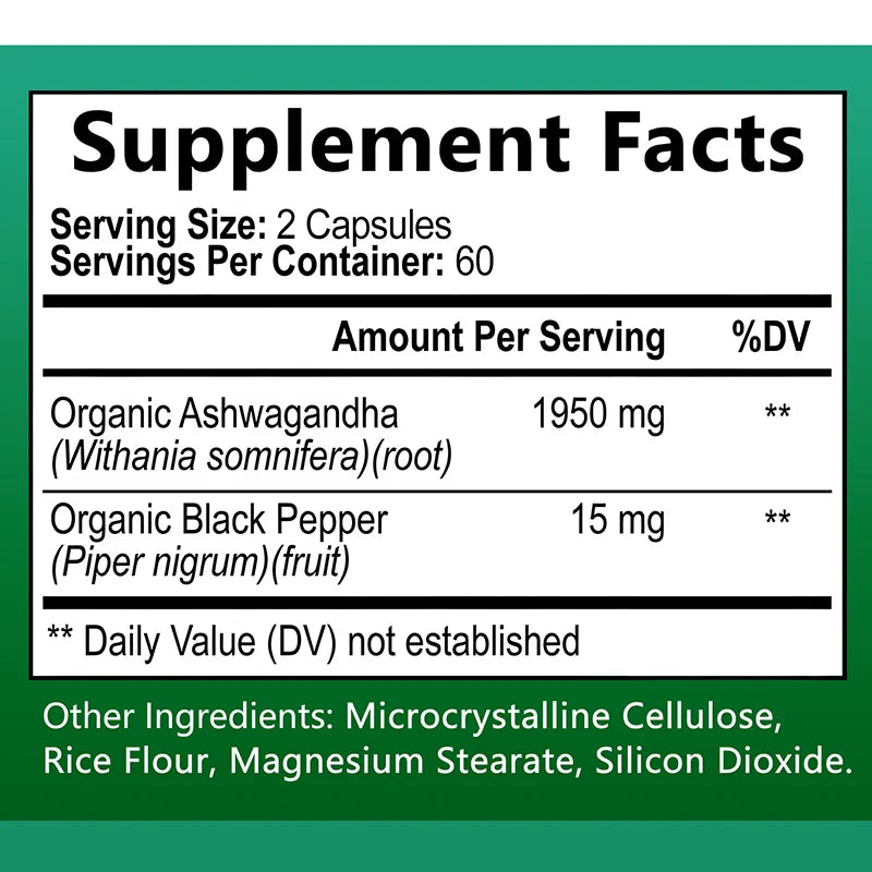 Ashwagandha + Black Pepper Capsules - Helps Improve Energy Reduce Anxiety Stress, Support Brain, Immune Health, Mood Supplements