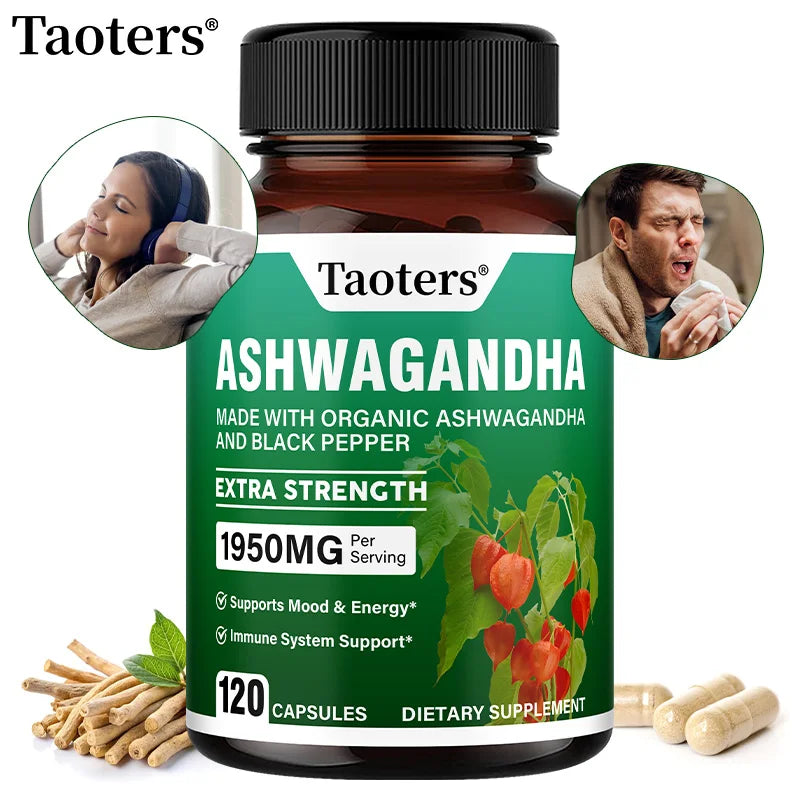 Ashwagandha + Black Pepper Capsules - Helps Improve Energy Reduce Anxiety Stress, Support Brain, Immune Health, Mood Supplements