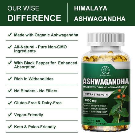 BBEEAAUU Organic Health Food 1800mg Ayurvedic Ashwagandha Capsule Help Sleep Reduce Anxiety Enhances Immunity Energy Supplement