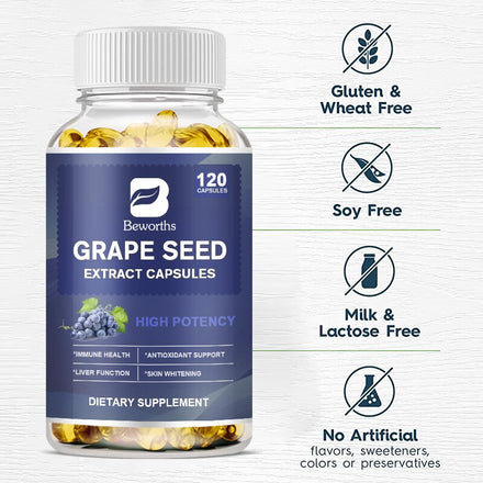 BEWORTHS 120 Pcs Organic Grape Seeds Antioxidants Vitamin E Capsule Antioxidant Anti-Aging Whitening Remove Chloasma Freckle