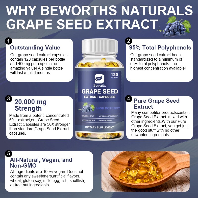 BEWORTHS 120 Pcs Organic Grape Seeds Antioxidants Vitamin E Capsule Antioxidant Anti-Aging Whitening Remove Chloasma Freckle