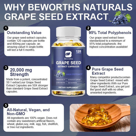 BEWORTHS 120 Pcs Organic Grape Seeds Antioxidants Vitamin E Capsule Antioxidant Anti-Aging Whitening Remove Chloasma Freckle