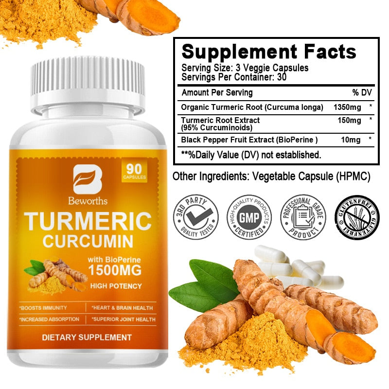 BEWORTHS 90 Pills Organic Turmeric Curcumin Supplement with Black Pepper High Potency Supports Joint,Antioxidant & Immune System