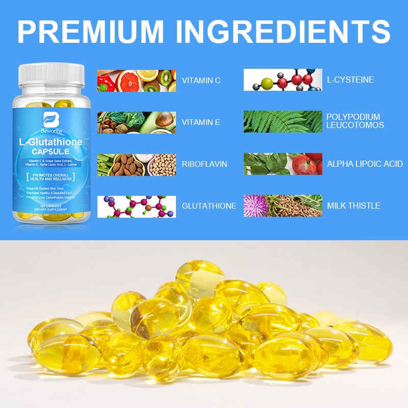 BEWORTHS L-Glutathione Capsules Skin Whitening Supplement Collagen Antioxidant Anti-Aging Boosting Immunity Dull Beauty Health