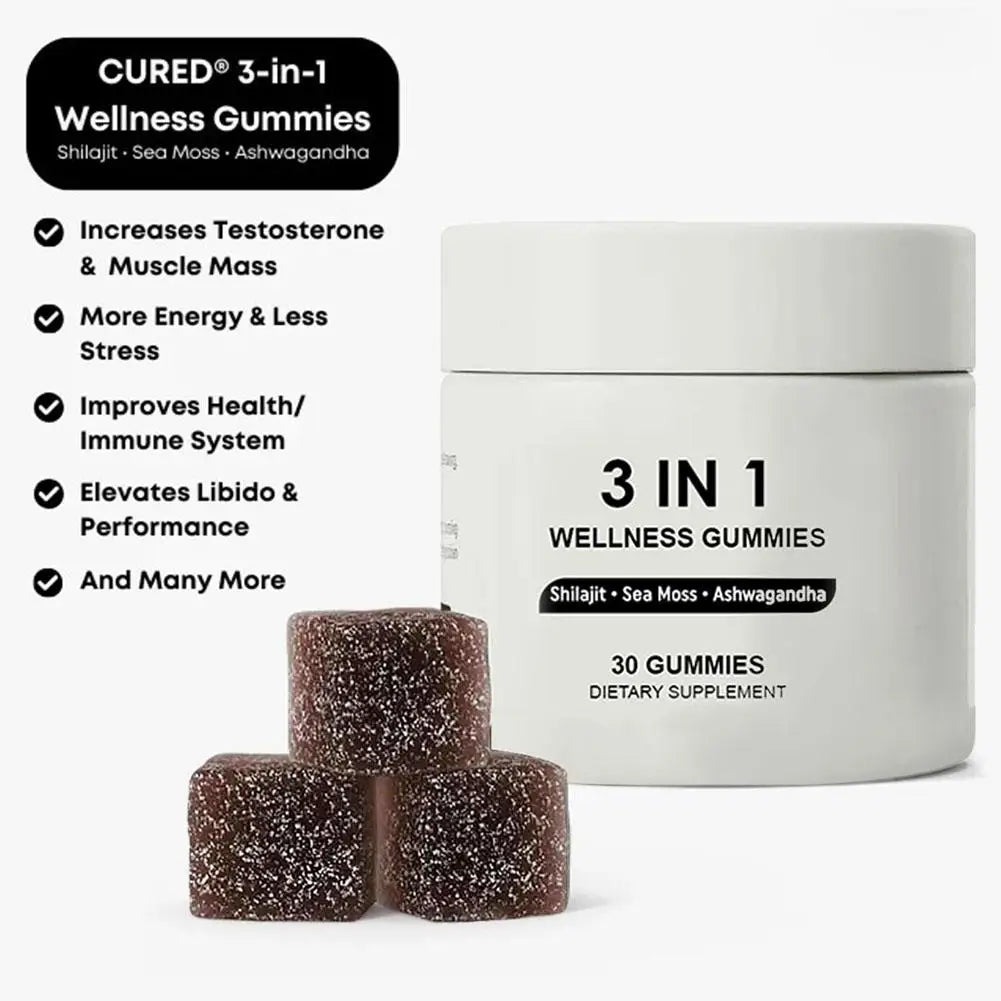 BIYODE Shilajit Soft Candy 3 In 1 Wellness Gummies Shilajit Sea Moss Ashwagandha 30 Gummies Dietary Supplement Increases Energy