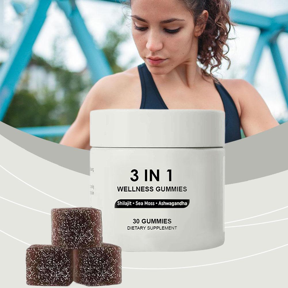 BIYODE Shilajit Soft Candy 3 In 1 Wellness Gummies Shilajit Sea Moss Ashwagandha 30 Gummies Dietary Supplement Increases Energy