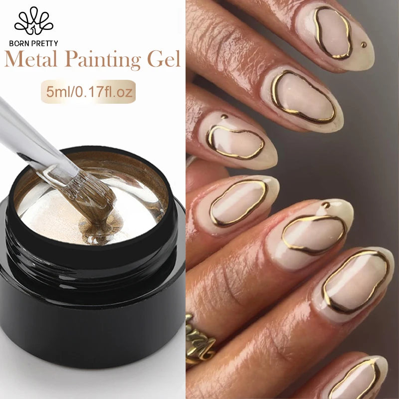 BORN PRETTY Metallic Painting Gel Nail Polish Chrome Gold Silver Mirror Metal Effect Super Bright Draw Line French Nail Gel 5ml