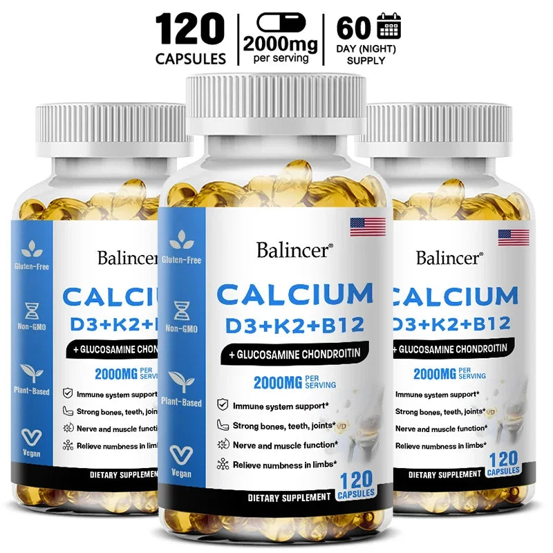 Balincer Vitamin D3+K2+B12 2000mg Capsules for Bone, Immune and Calcium Support, 120 Capsules Non-GMO