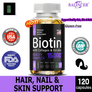 Balincer with Biotin + Collagen + Keratin Supplement - for Hair, Skin, Nail Health | Non-GMO, 120 Capsules