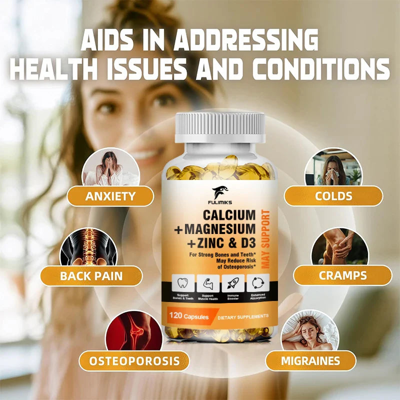 Calcium Magnesium Zinc + D3 Vitamin Nutritional Supplement - Supports Bone Density & Muscle Health - Immune Support