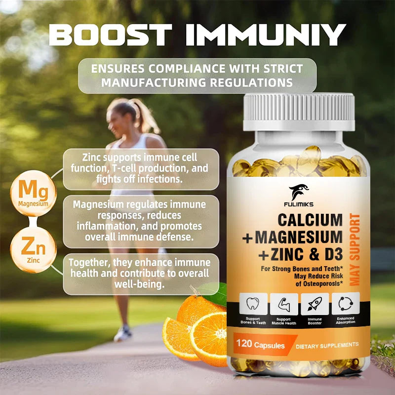 Calcium Magnesium Zinc + D3 Vitamin Nutritional Supplement - Supports Bone Density & Muscle Health - Immune Support