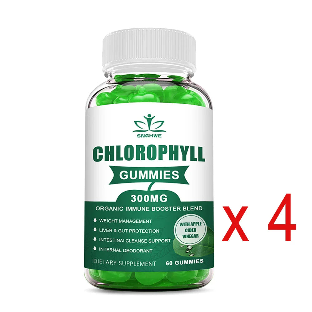 Chlorophyll Gummies-with ACV, Vitamin D3, C, E, B12 -Natural Deodorant, Energy Boost, Immune&Digestion Support, Vegan 60 Candies