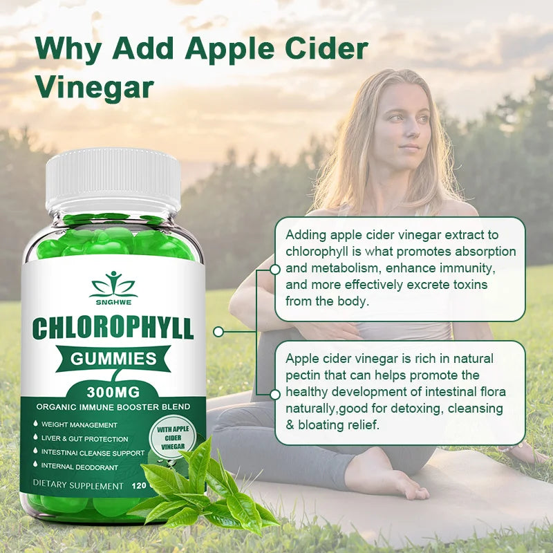 Chlorophyll Gummies-with ACV, Vitamin D3, C, E, B12 -Natural Deodorant, Energy Boost, Immune&Digestion Support, Vegan 60 Candies