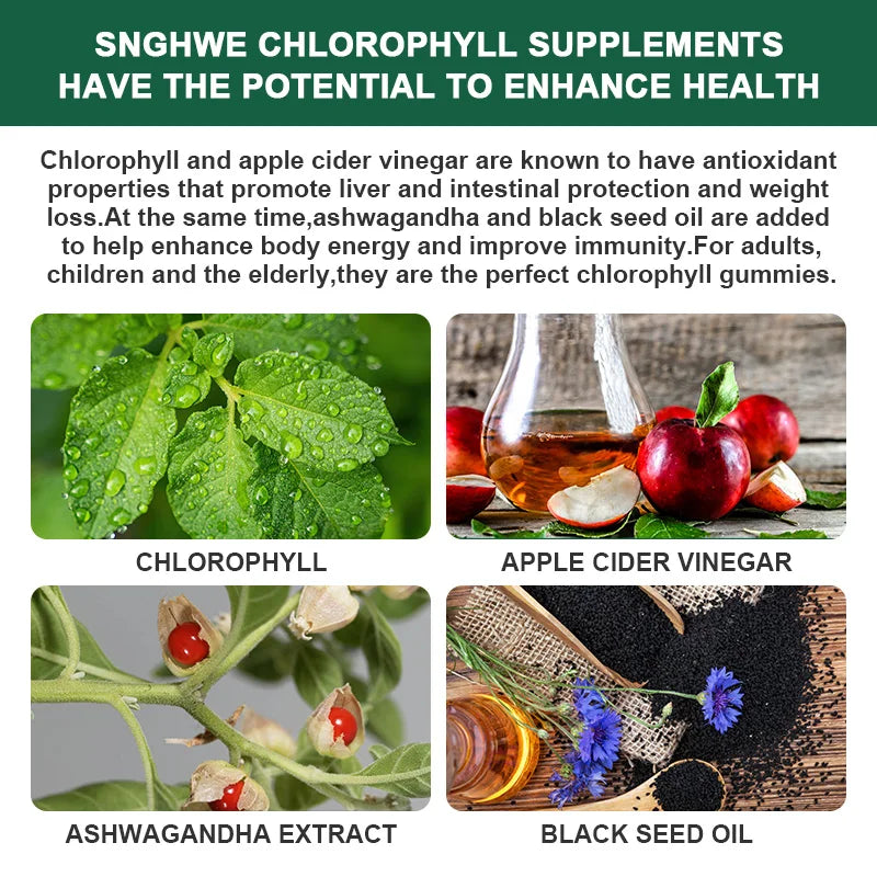 Chlorophyll Gummies-with ACV, Vitamin D3, C, E, B12 -Natural Deodorant, Energy Boost, Immune&Digestion Support, Vegan 60 Candies