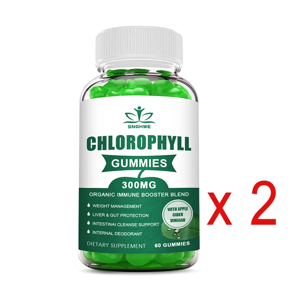 Chlorophyll Gummies-with ACV, Vitamin D3, C, E, B12 -Natural Deodorant, Energy Boost, Immune&Digestion Support, Vegan 60 Candies