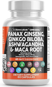 Clean Nutraceuticals Panax Ginseng 10000mg Ginkgo Biloba 4000mg Ashwagandha Maca Root 3000mg - Focus Supplement Pills for Women and Men with Pine Bark Extract, Garlic, and Saw Palmetto - 60 Caps in Pakistan