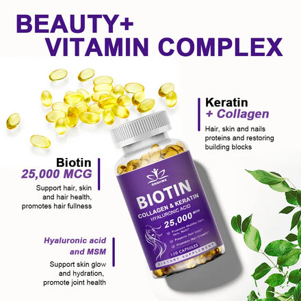 Collagen Biotin Supplement with Hyalurin&Keratin-Vitamins for Hair Growth- Women & Men-B1B2 B3B6B12 -Nails&Skin-Multi-Vitamins