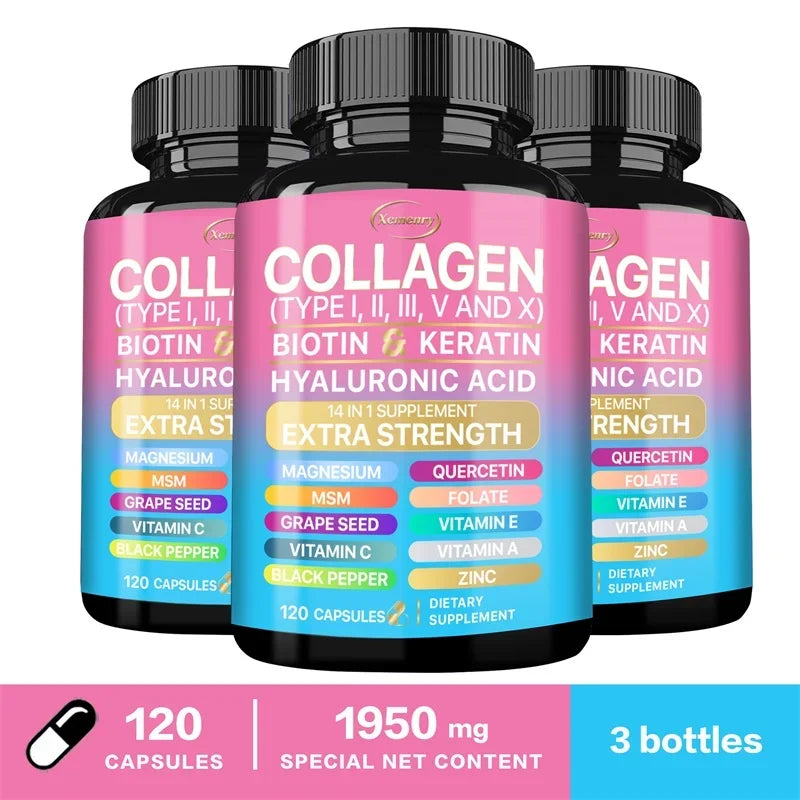 Collagen Capsules (Types I, II, III, V and X) - Anti-aging, Antioxidant, Whitening, Skin, Nail and Hair Care Supplements