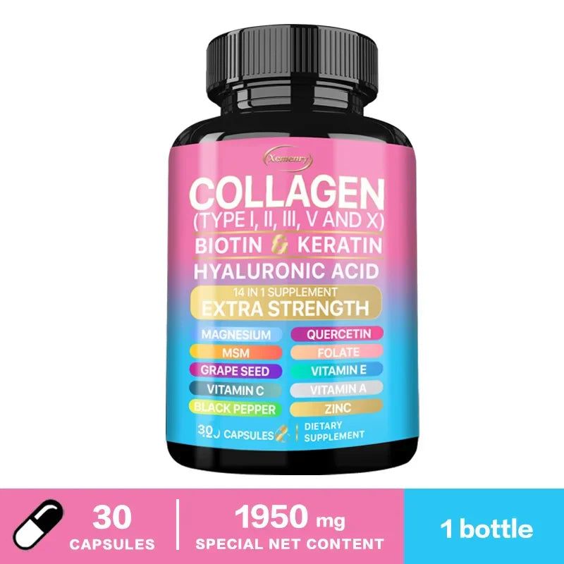 Collagen Capsules (Types I, II, III, V and X) - Anti-aging, Antioxidant, Whitening, Skin, Nail and Hair Care Supplements