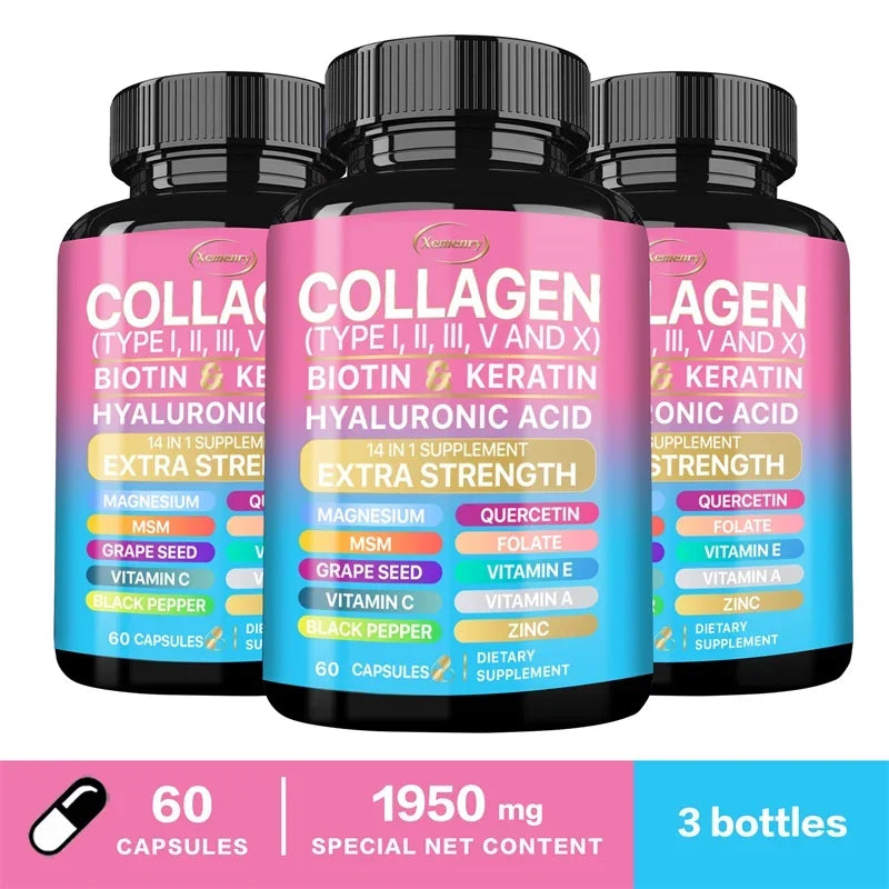 Collagen Capsules (Types I, II, III, V and X) - Anti-aging, Antioxidant, Whitening, Skin, Nail and Hair Care Supplements