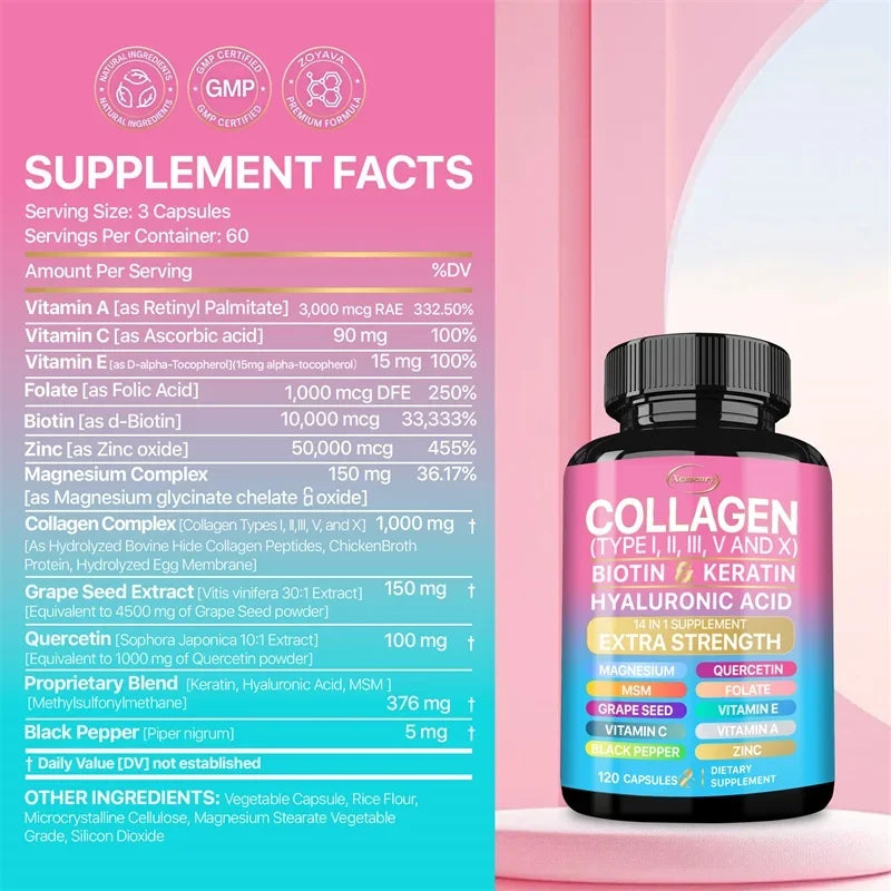 Collagen Capsules (Types I, II, III, V and X) - Anti-aging, Antioxidant, Whitening, Skin, Nail and Hair Care Supplements