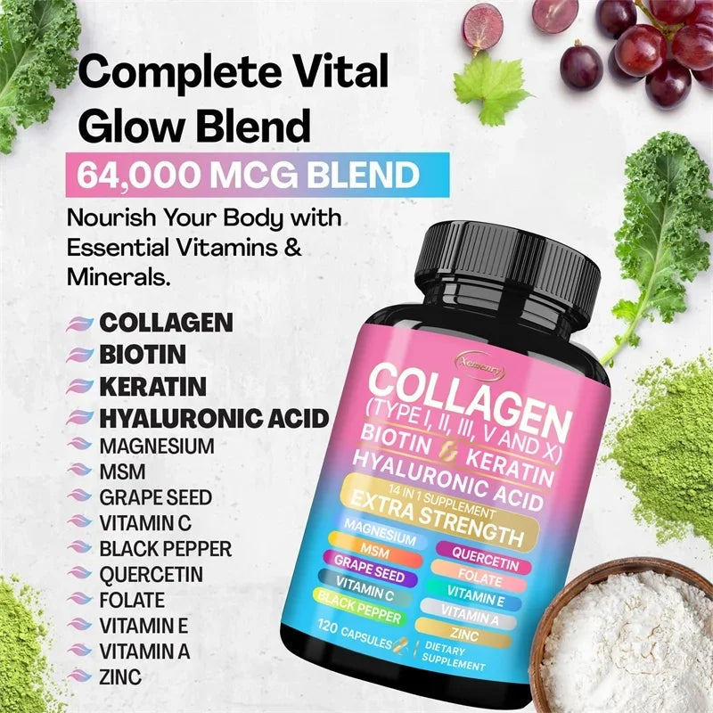 Collagen Capsules (Types I, II, III, V and X) - Anti-aging, Antioxidant, Whitening, Skin, Nail and Hair Care Supplements