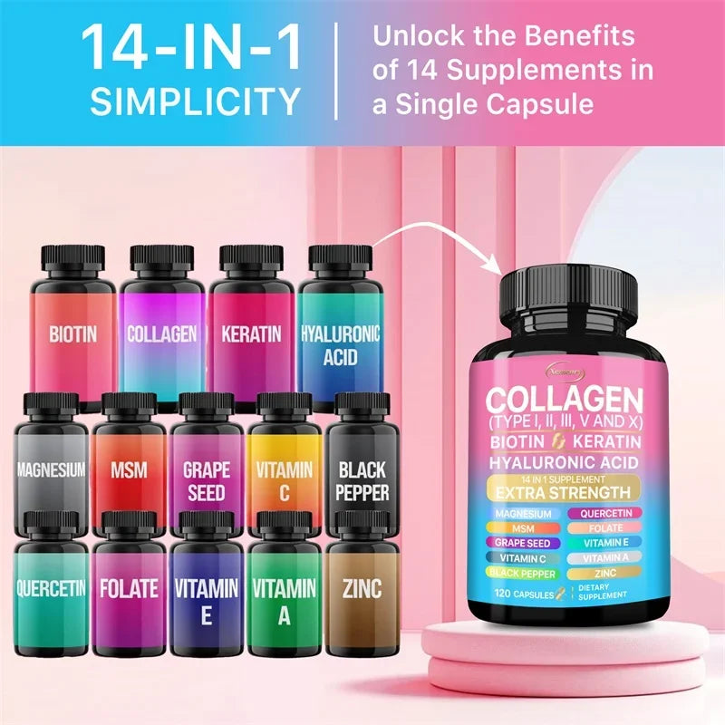 Collagen Capsules (Types I, II, III, V and X) - Anti-aging, Antioxidant, Whitening, Skin, Nail and Hair Care Supplements