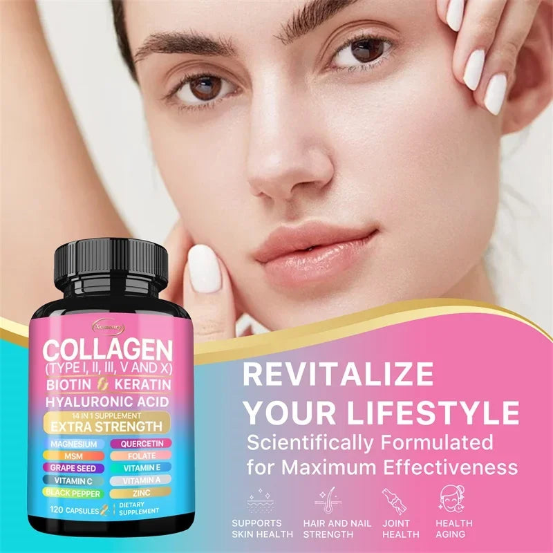 Collagen Capsules (Types I, II, III, V and X) - Anti-aging, Antioxidant, Whitening, Skin, Nail and Hair Care Supplements