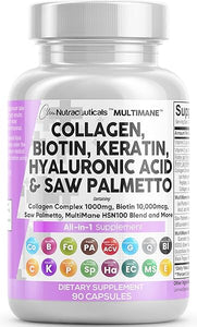 Collagen Pills 1000mg Biotin 10000mcg Keratin Saw Palmetto 2500mg Hyaluronic Acid - Hair Skin and Nails Vitamins and DHT Blocker with Vitamin E Folic Acid Pumpkin Seed MSM - 90 Count in Pakistan