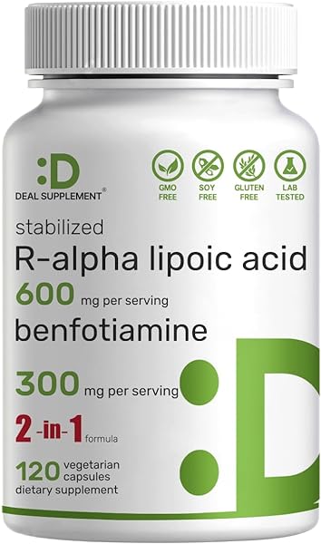 DEAL SUPPLEMENT R Alpha Lipoic Acid 600mg with Benfotiamine 300mg Per Serving, 120 Veggie Capsules – 200mg R-ALA Per Capsule – Antioxidant Supplement for Energy & Nervous System Support in Pakistan
